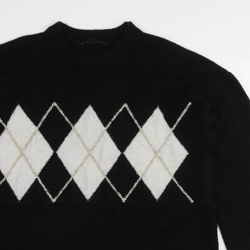 Lipsy Womens Black Round Neck Argyle/Diamond Viscose Pullover Jumper Size 14