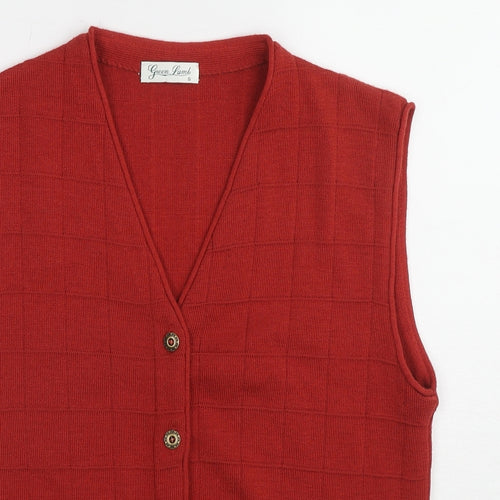 Green Lamb Womens Red V-Neck Check Polyester Vest Jumper Size S