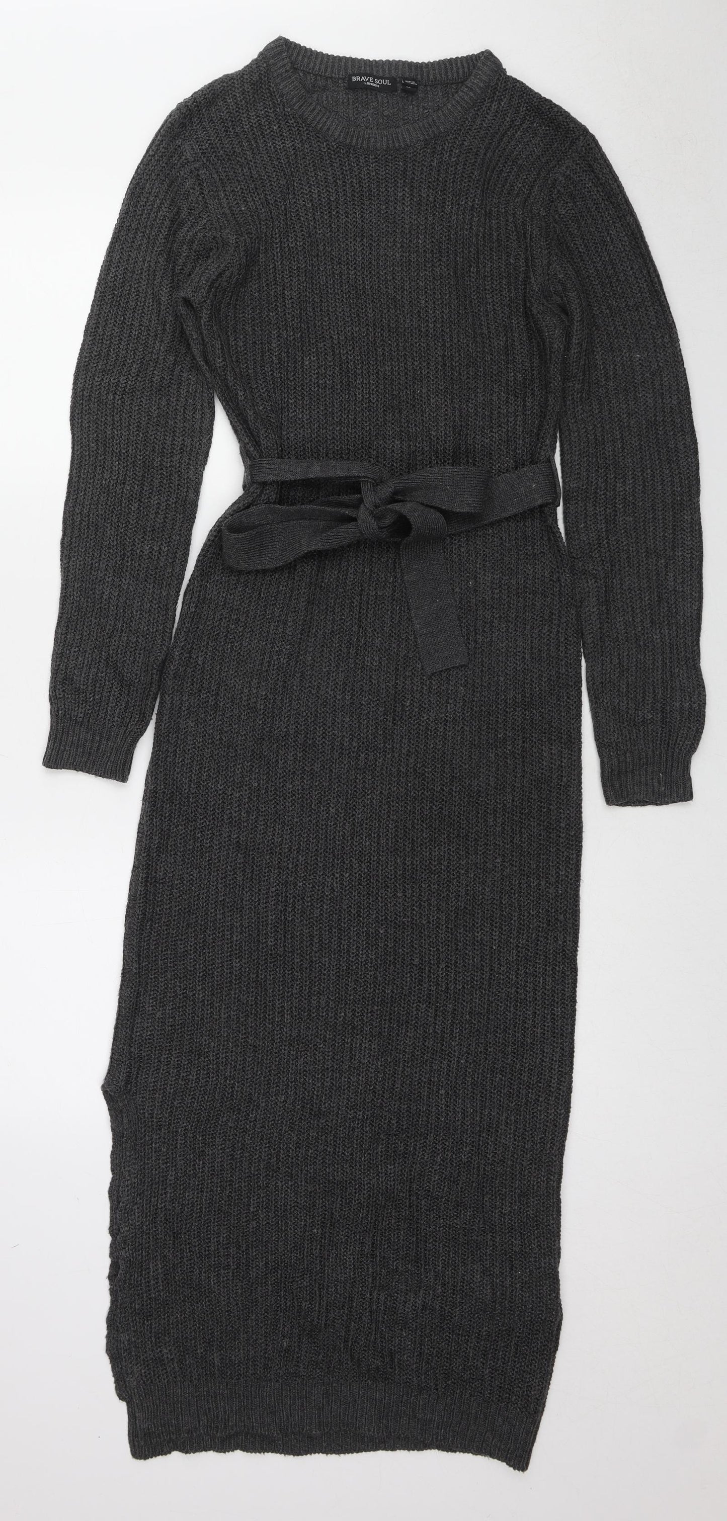 Brave Soul Womens Grey Acrylic Jumper Dress Size M Round Neck Pullover