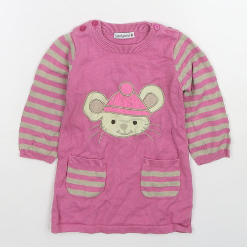 Ladybird Girls Pink Cotton Pullover Jumper Size 9-12 Months Button - Striped Mouse