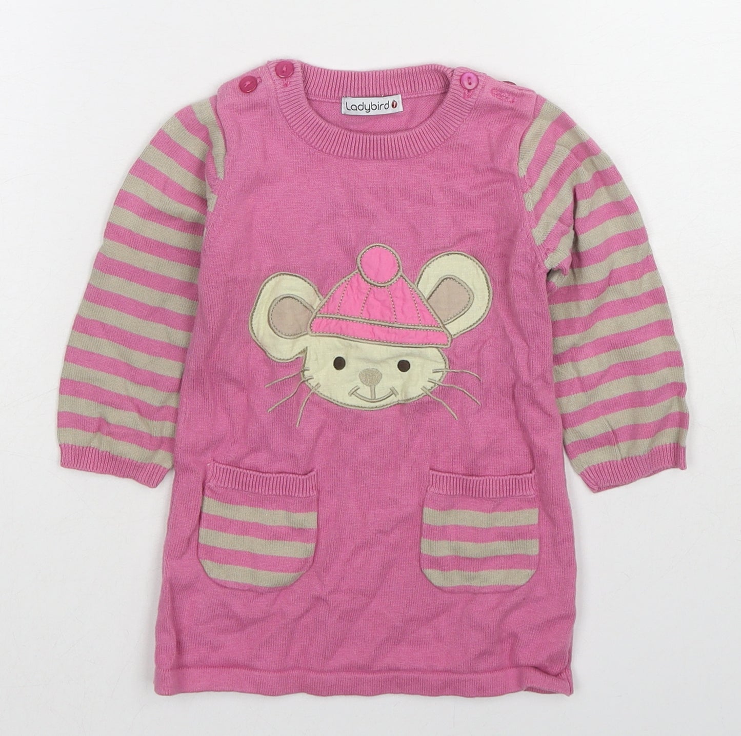 Ladybird Girls Pink Cotton Pullover Jumper Size 9-12 Months Button - Striped Mouse