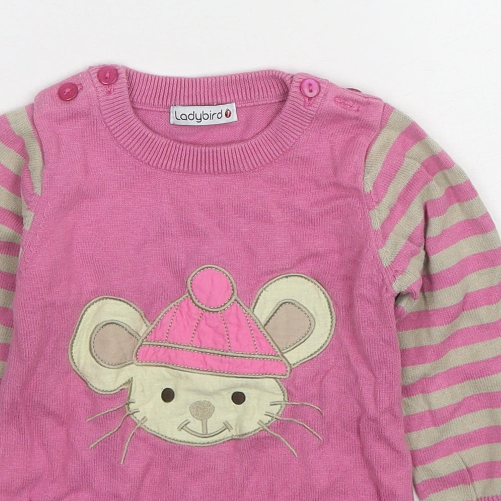Ladybird Girls Pink Cotton Pullover Jumper Size 9-12 Months Button - Striped Mouse