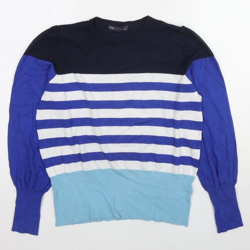 Marks and Spencer Womens Blue Crew Neck Striped Viscose Pullover Jumper Size 14