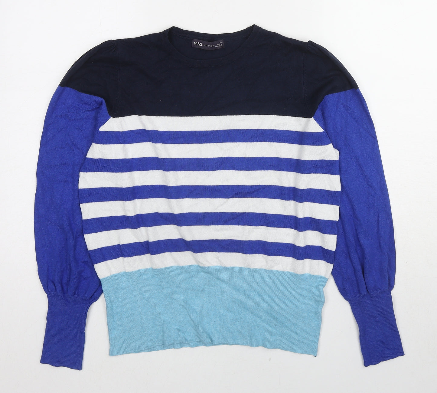Marks and Spencer Womens Blue Crew Neck Striped Viscose Pullover Jumper Size 14