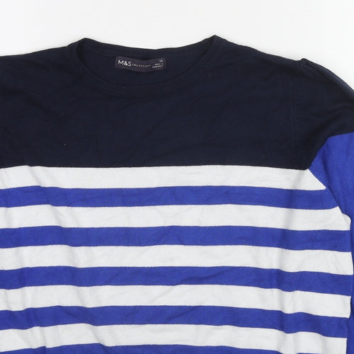 Marks and Spencer Womens Blue Crew Neck Striped Viscose Pullover Jumper Size 14