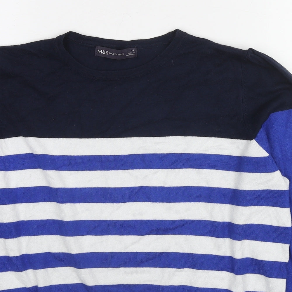 Marks and Spencer Womens Blue Crew Neck Striped Viscose Pullover Jumper Size 14