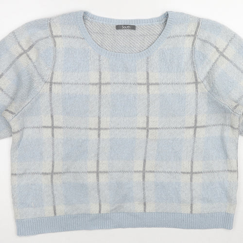 South Womens Blue Crew Neck Plaid Acrylic Pullover Jumper Size 2XS