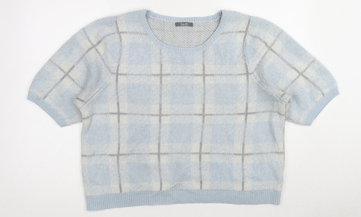 South Womens Blue Crew Neck Plaid Acrylic Pullover Jumper Size 2XS
