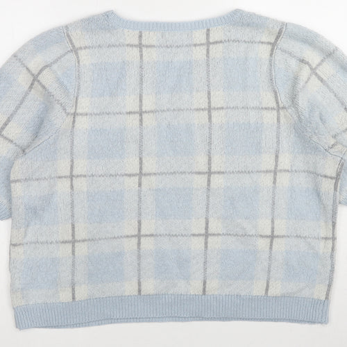 South Womens Blue Crew Neck Plaid Acrylic Pullover Jumper Size 2XS