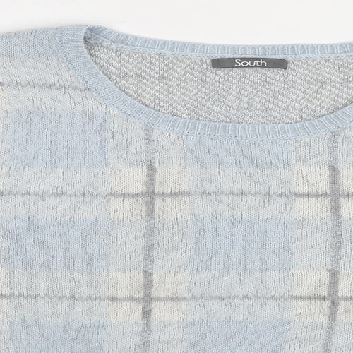 South Womens Blue Crew Neck Plaid Acrylic Pullover Jumper Size 2XS