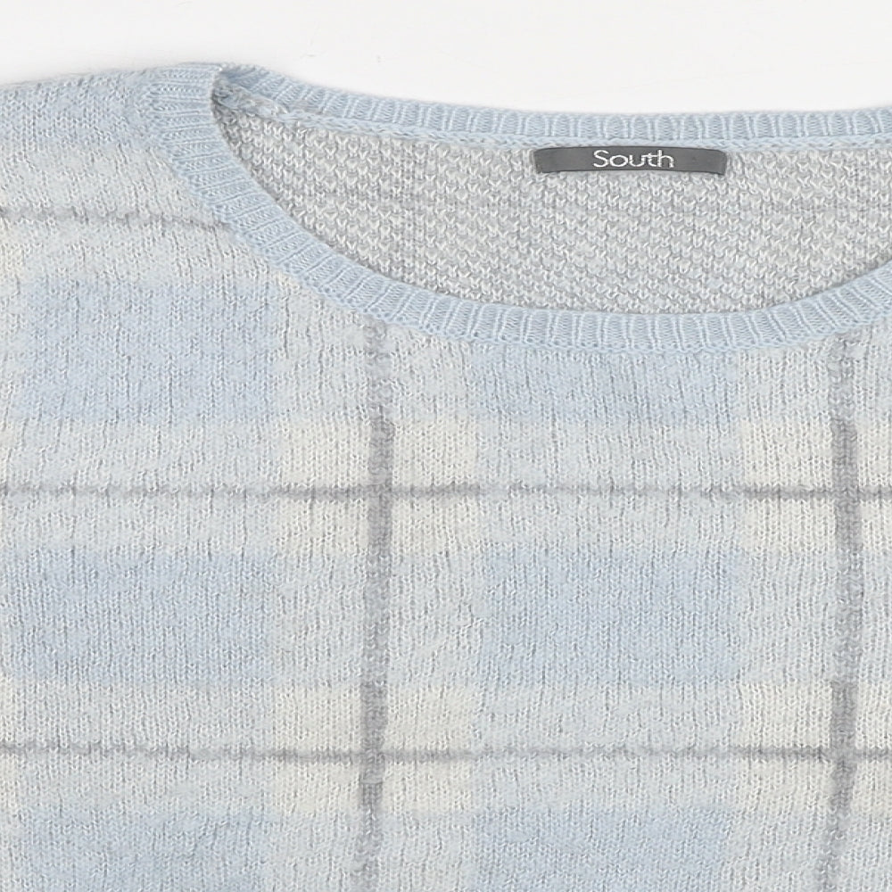 South Womens Blue Crew Neck Plaid Acrylic Pullover Jumper Size 2XS