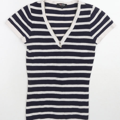Morgan Womens Blue Striped Polyester Basic T-Shirt Size XS V-Neck