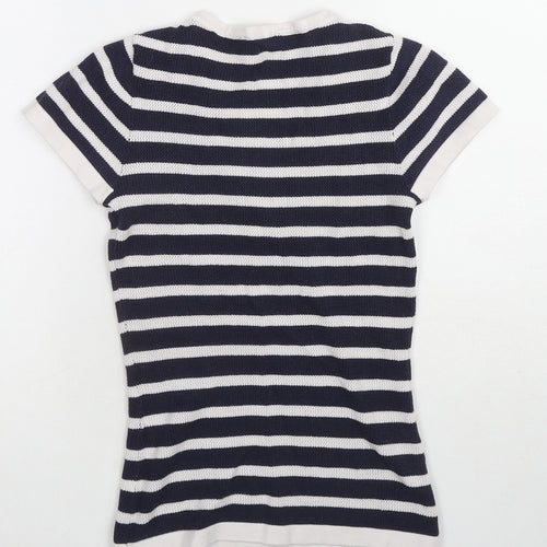 Morgan Womens Blue Striped Polyester Basic T-Shirt Size XS V-Neck