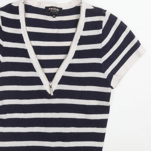 Morgan Womens Blue Striped Polyester Basic T-Shirt Size XS V-Neck