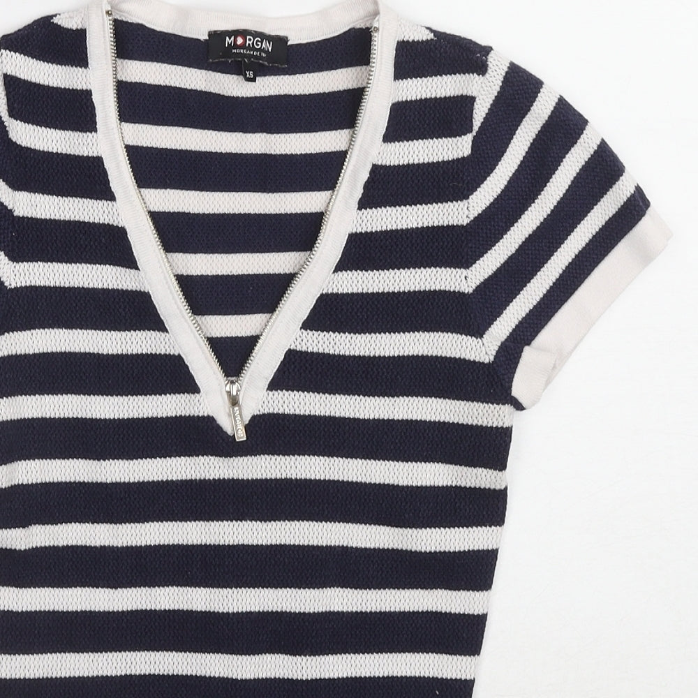 Morgan Womens Blue Striped Polyester Basic T-Shirt Size XS V-Neck