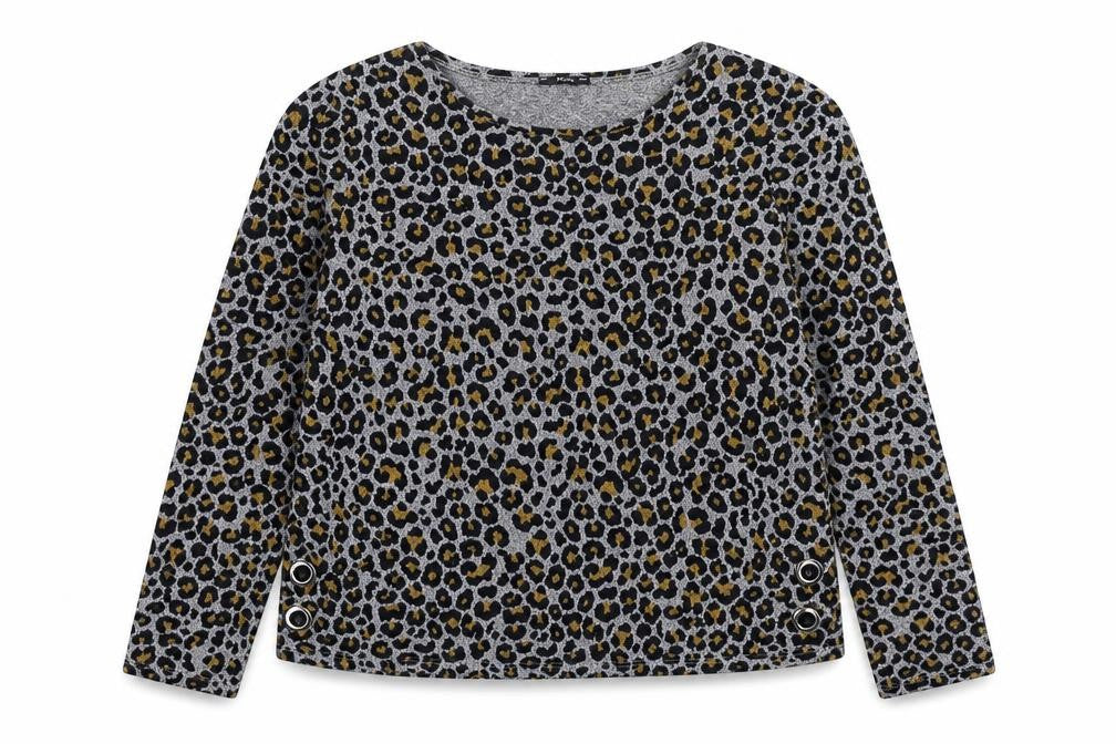 Front view of M&Co women’s multicoloured boat neck animal print polyester jumper, size UK 12, - leopard pattern