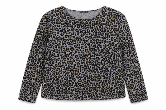 Front view of M&Co women’s multicoloured boat neck animal print polyester jumper, size UK 12, - leopard pattern