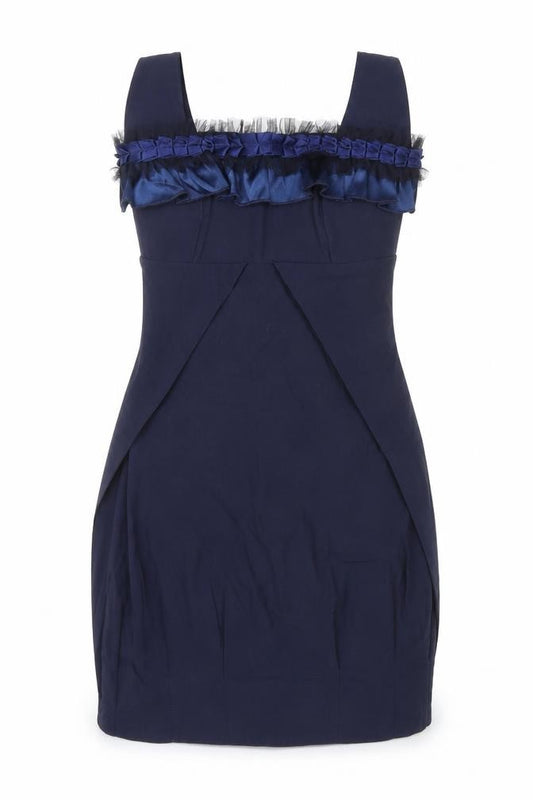 Front view of By Obi women’s blue polyester mini, size UK 10, square neck zip - lace up back