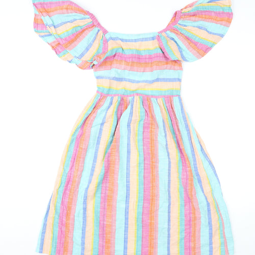 NEXT Girls Multicoloured Striped Cotton A-Line Size 12 Years Square Neck Button - Cut Out Back