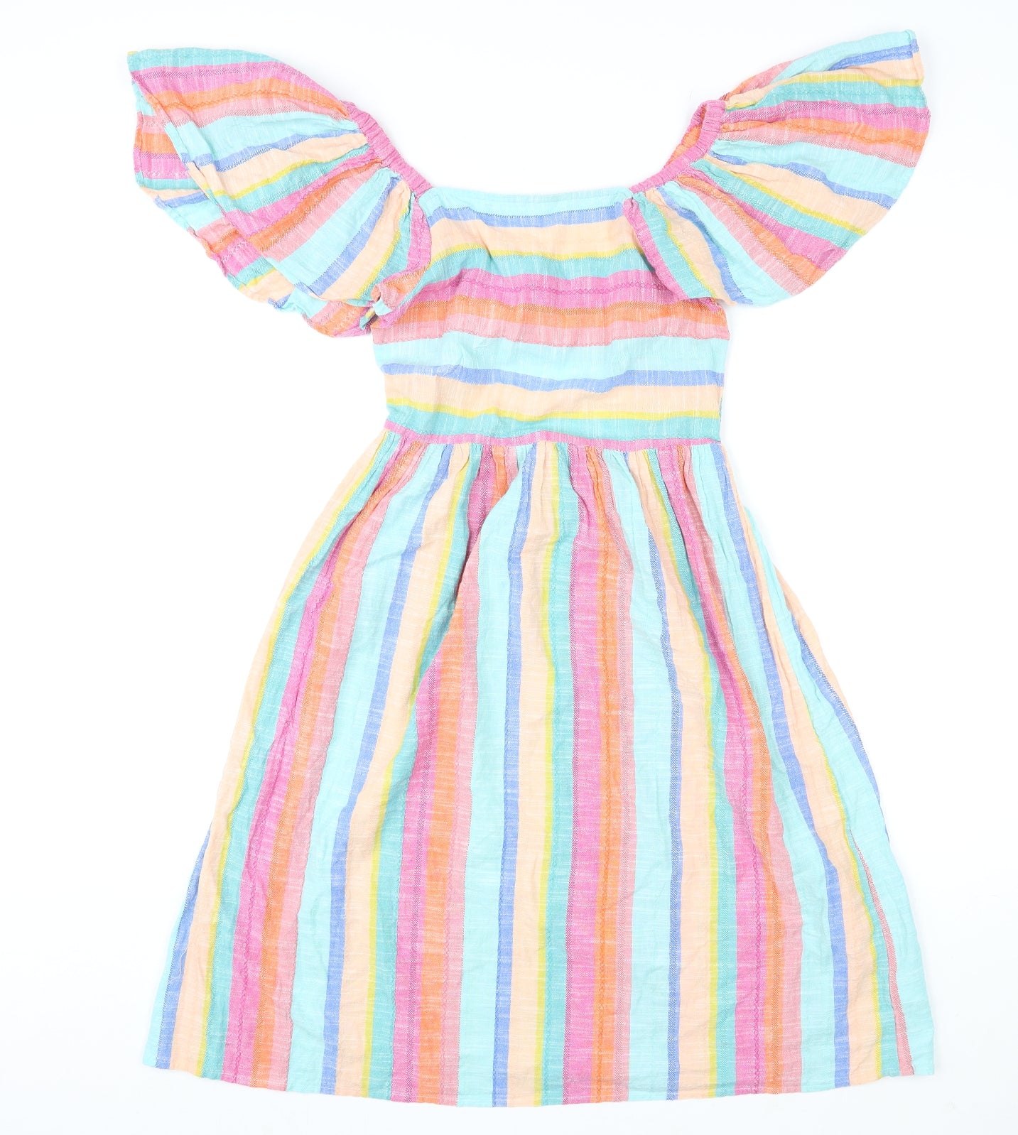 NEXT Girls Multicoloured Striped Cotton A-Line Size 12 Years Square Neck Button - Cut Out Back