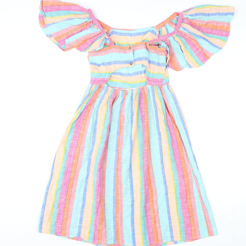 NEXT Girls Multicoloured Striped Cotton A-Line Size 12 Years Square Neck Button - Cut Out Back