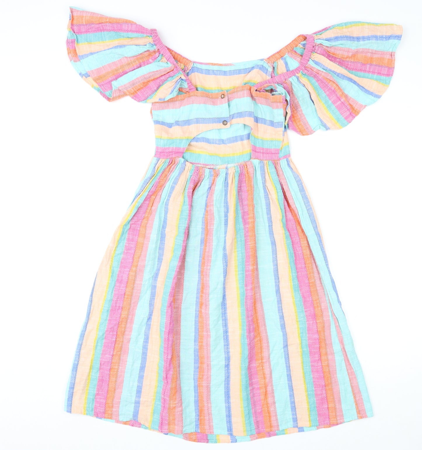 NEXT Girls Multicoloured Striped Cotton A-Line Size 12 Years Square Neck Button - Cut Out Back