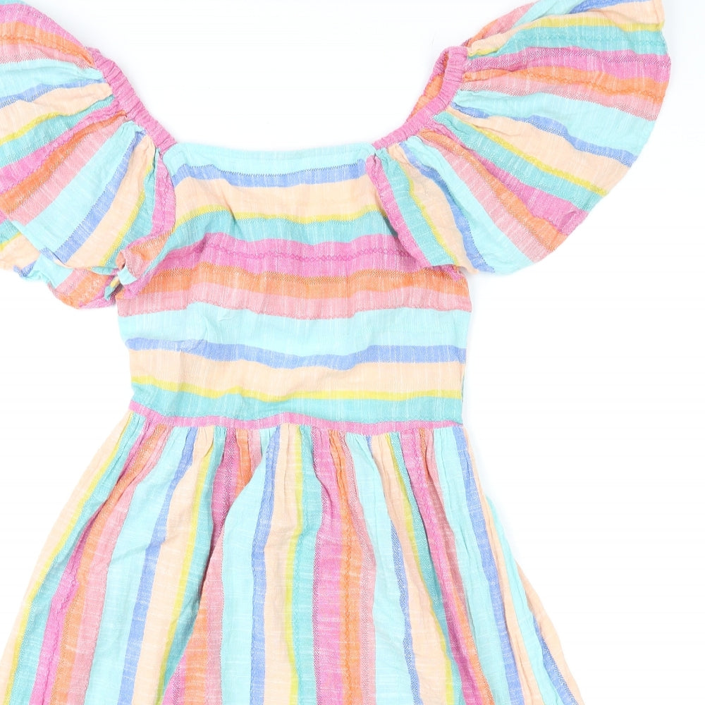 NEXT Girls Multicoloured Striped Cotton A-Line Size 12 Years Square Neck Button - Cut Out Back
