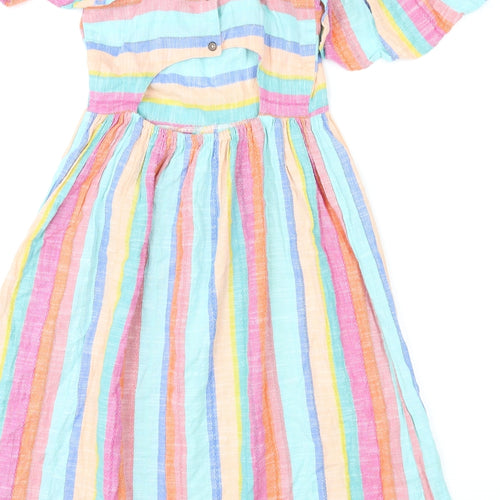 NEXT Girls Multicoloured Striped Cotton A-Line Size 12 Years Square Neck Button - Cut Out Back