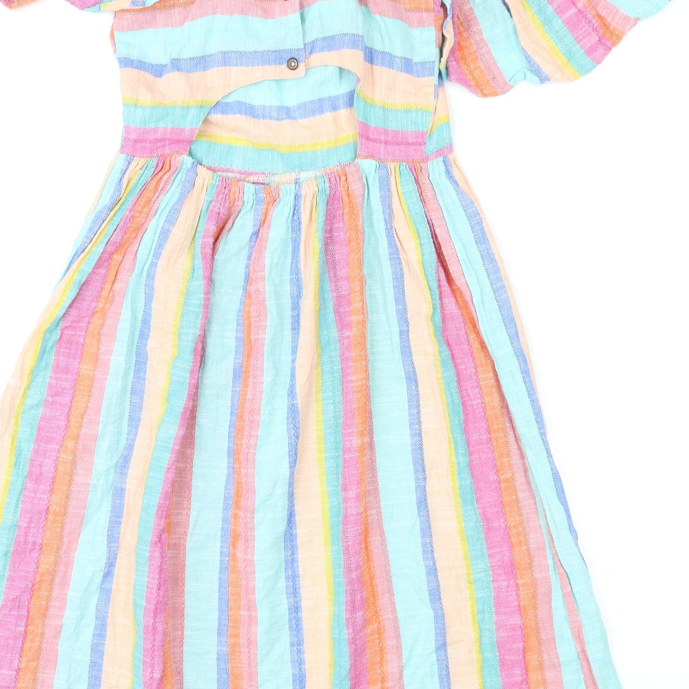 NEXT Girls Multicoloured Striped Cotton A-Line Size 12 Years Square Neck Button - Cut Out Back