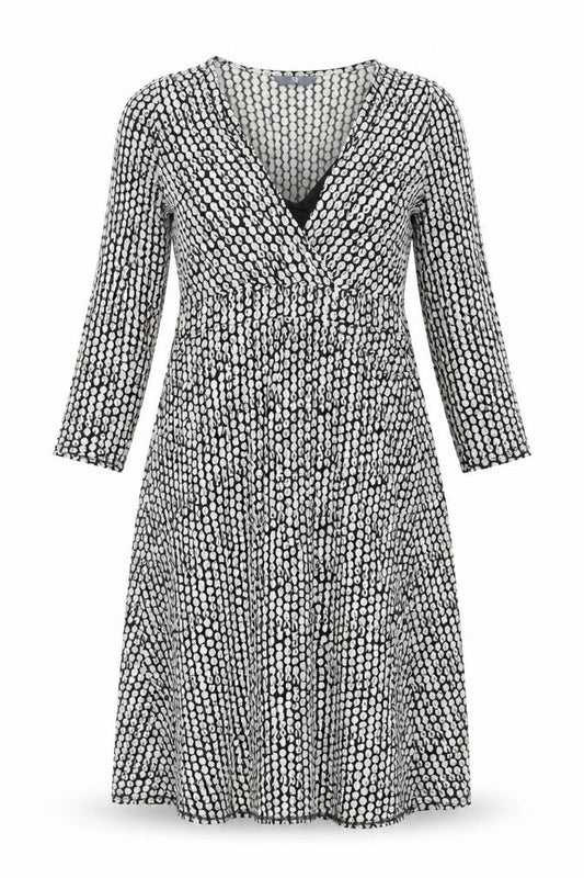 Front view of BHS women’s multicoloured polka dot viscose a-line, size UK 12, v-neck tie