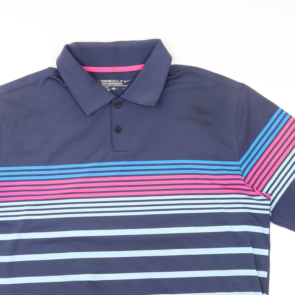 Nike Mens Multicoloured Striped Elastane Polo Size L Collared Button - Golf