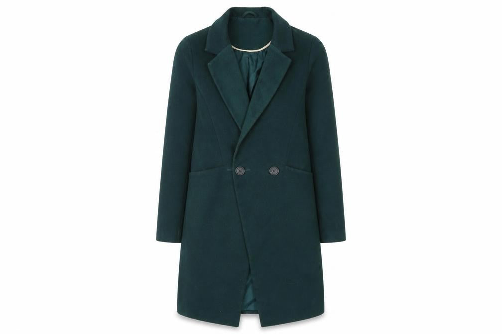 Front view of Oasis women’s green overcoat coat, size S, button