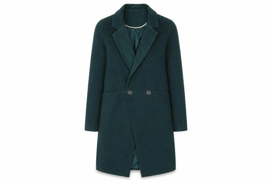Front view of Oasis women’s green overcoat coat, size S, button