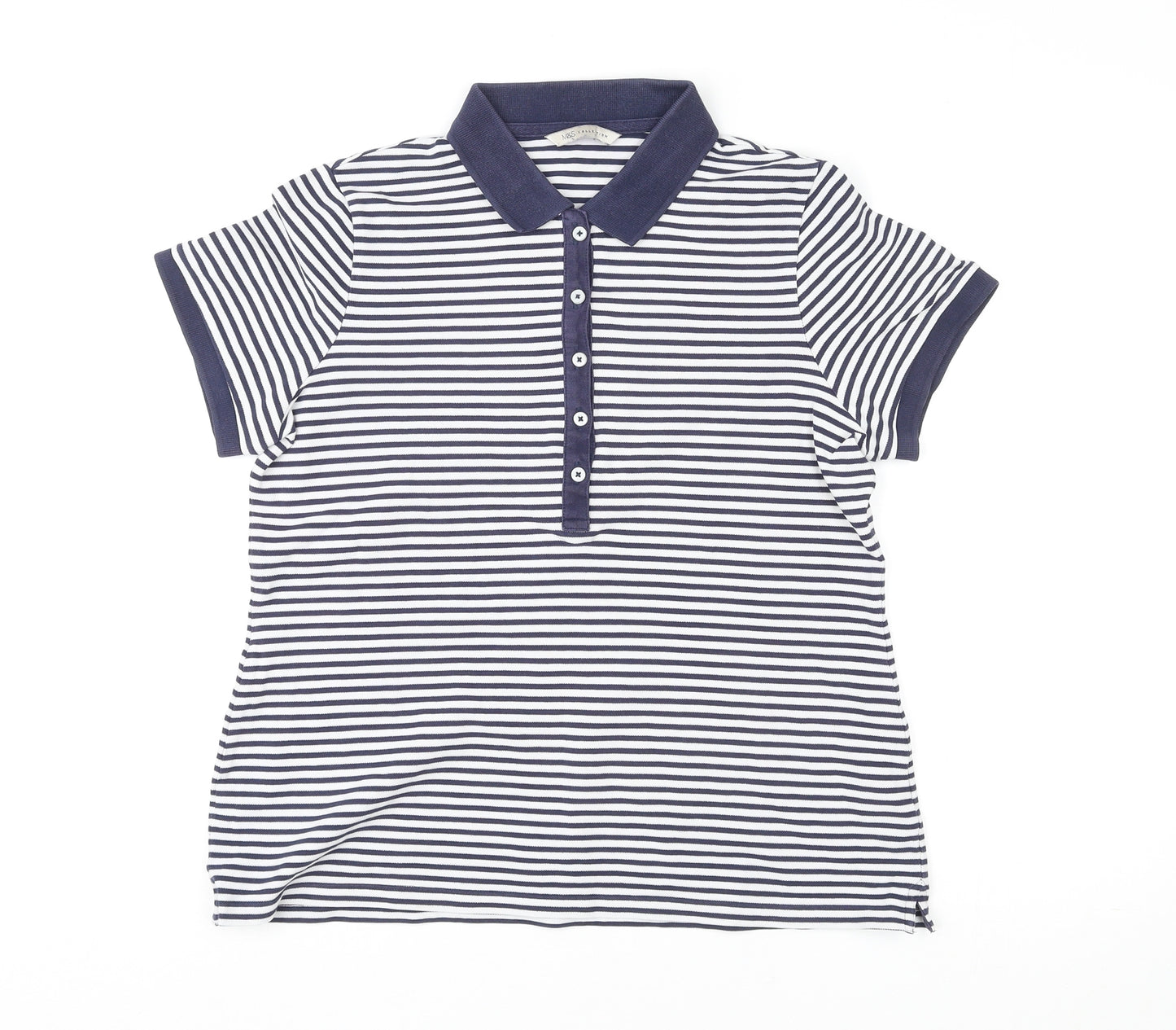 Marks and Spencer Womens Multicoloured Striped Cotton Basic Polo Size 14 Collared