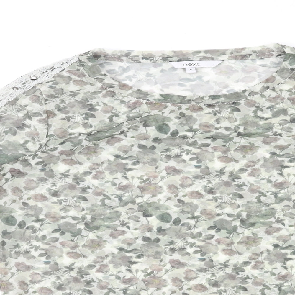 NEXT Womens Green Floral Polyester Basic T-Shirt Size 8 Round Neck