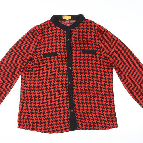 Le Ciel Womens Red Geometric Polyester Basic Button-Up Size L Round Neck