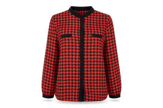 Front view of Le Ciel women’s red geometric polyester basic button-up, size L, round neck