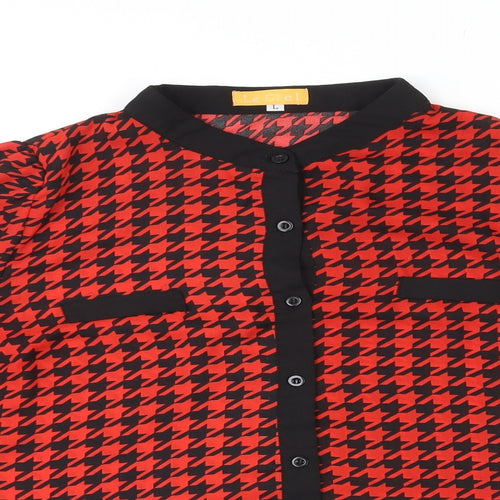 Le Ciel Womens Red Geometric Polyester Basic Button-Up Size L Round Neck
