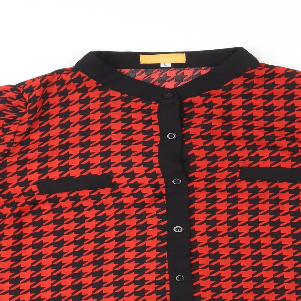 Le Ciel Womens Red Geometric Polyester Basic Button-Up Size L Round Neck