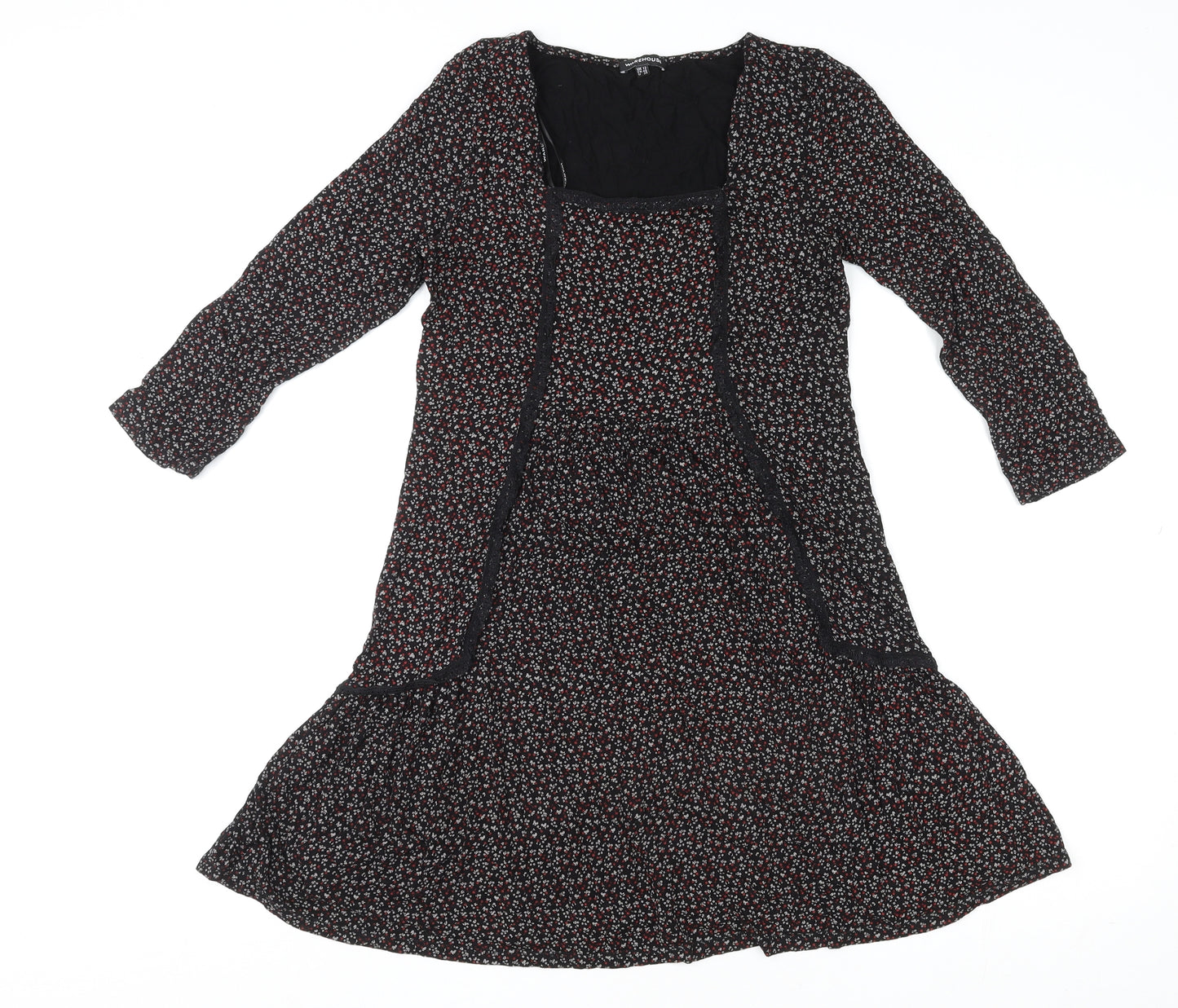 Warehouse Womens Black Floral Viscose Mini Size 12 Square Neck Pullover