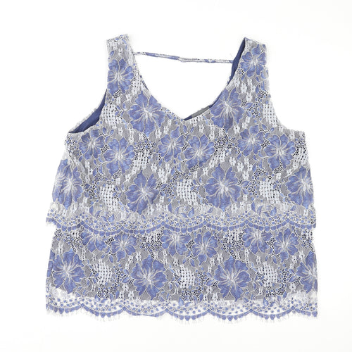 Yessica Womens Blue Floral Nylon Basic Tank Size L V-Neck