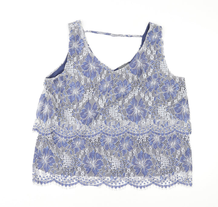 Yessica Womens Blue Floral Nylon Basic Tank Size L V-Neck