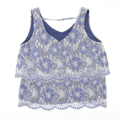 Yessica Womens Blue Floral Nylon Basic Tank Size L V-Neck