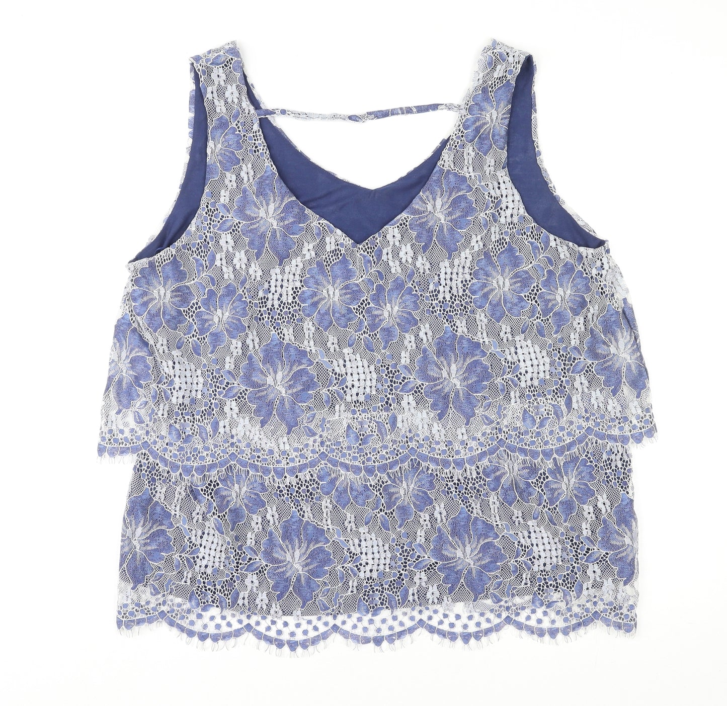 Yessica Womens Blue Floral Nylon Basic Tank Size L V-Neck