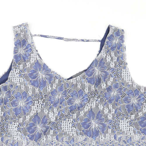 Yessica Womens Blue Floral Nylon Basic Tank Size L V-Neck