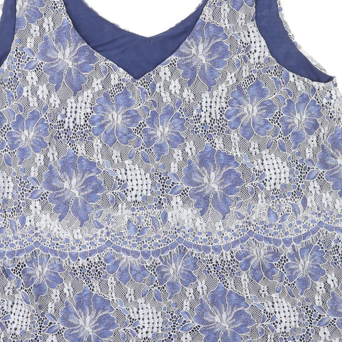 Yessica Womens Blue Floral Nylon Basic Tank Size L V-Neck