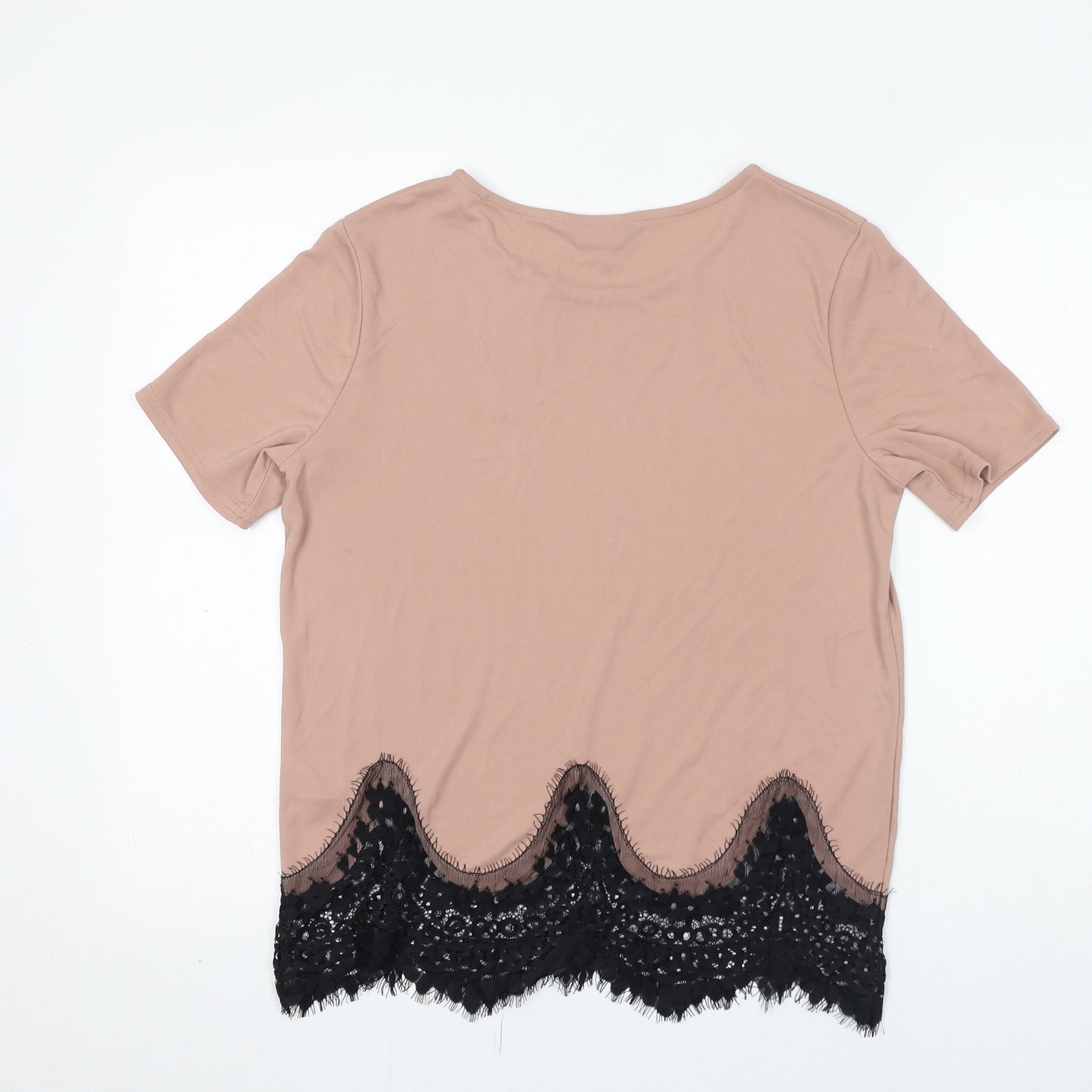 New Look Womens Beige Polyester Basic T-Shirt Size 12 Round Neck Pullover - Lace Trim