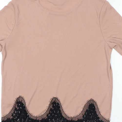 New Look Womens Beige Polyester Basic T-Shirt Size 12 Round Neck Pullover - Lace Trim