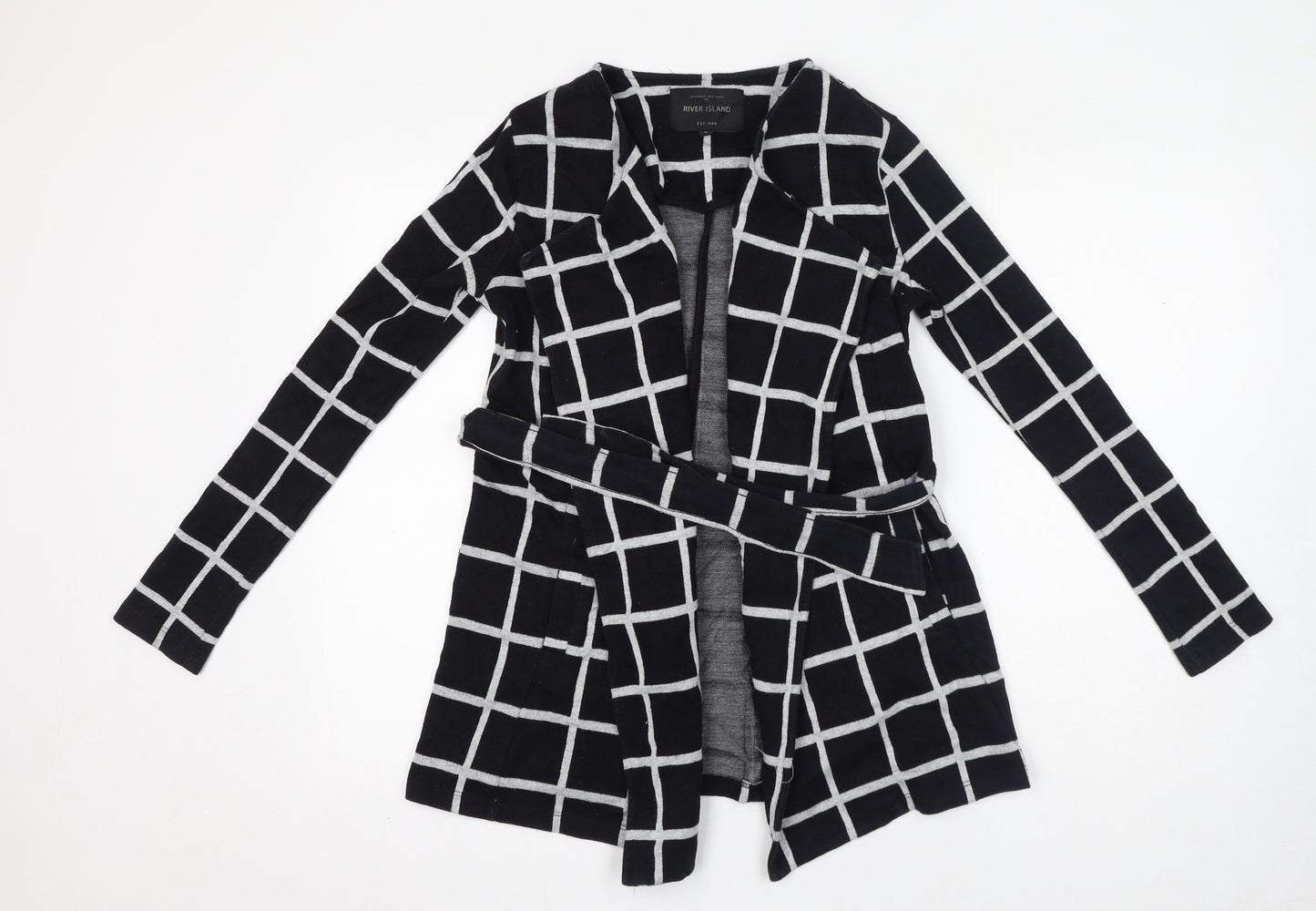 River Island Womens Black Check Cotton Jacket Coatigan Size 6 Tie