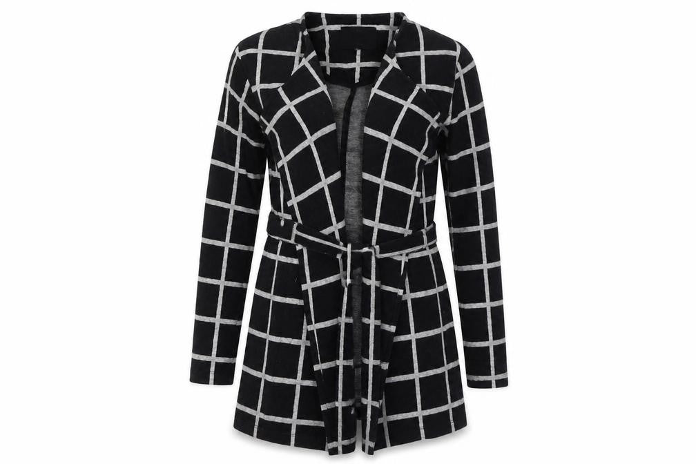 Front view of River Island women’s black check cotton jacket coatigan, size UK 6, tie